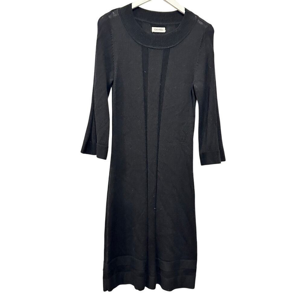 Calvin Klein Size 2 Flare Sleeve 100% Merino Wool Knee Work Knit Dress Black